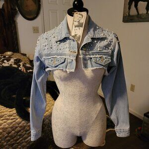 Blue Turtle Cropped Pearl and Rhinestone Jacket